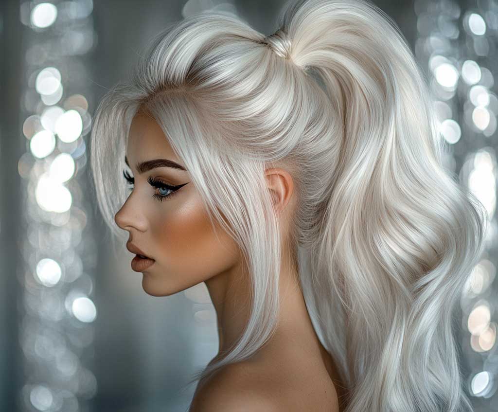 A stunning woman with platinum blonde hair styled into a sleek high ponytail. The icy tones shimmer under event lighting, and the ponytail cascades down with soft curls. The background glows with sophisticated silver decor.