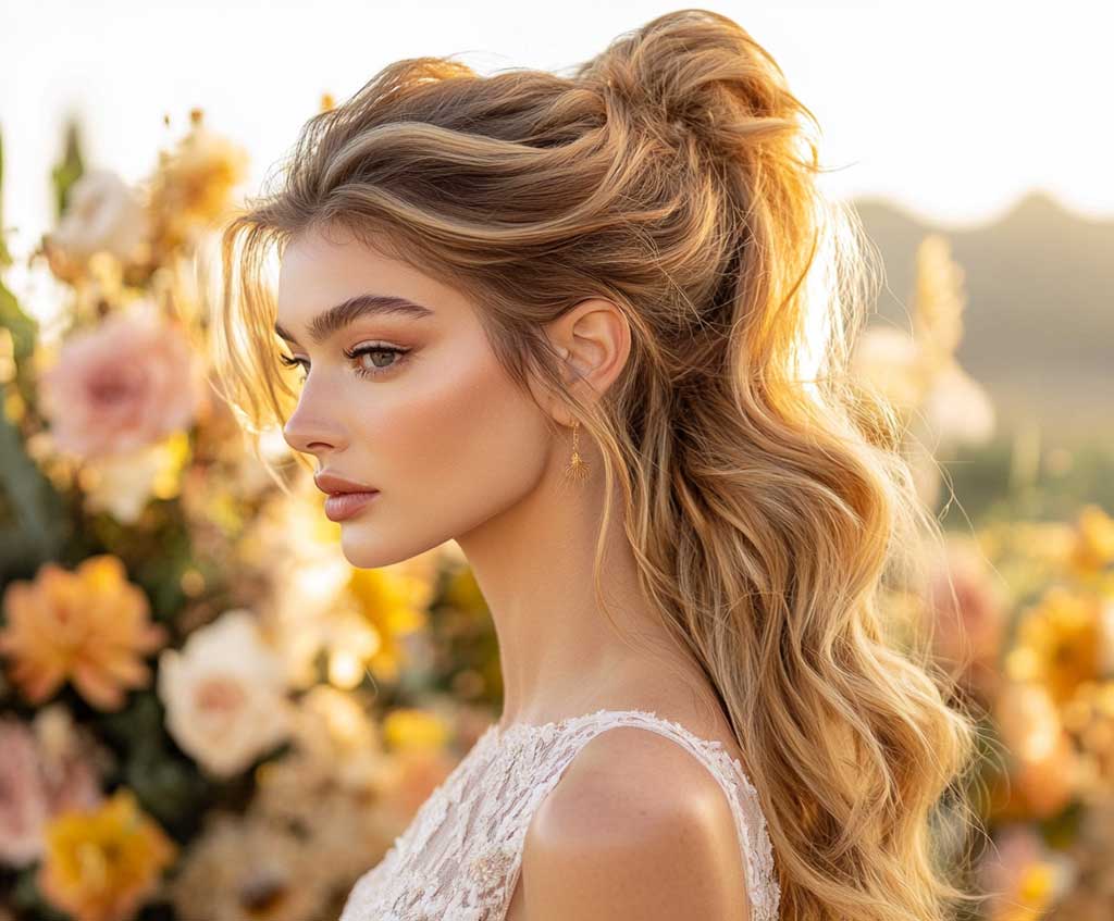 A vibrant woman with honey blonde hair styled into a bouncy high ponytail. The warm golden hues catch natural light, with loose waves adding movement. The setting is an elegant outdoor event with floral arrangements.
