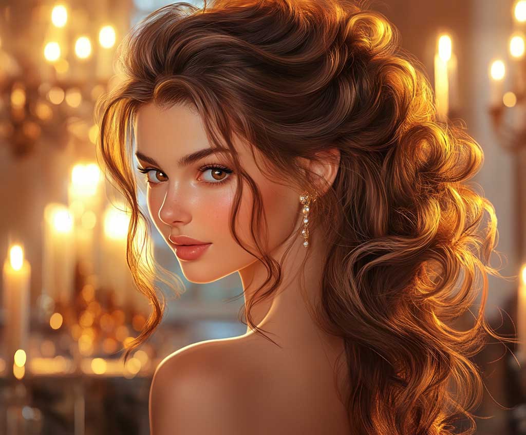 A radiant woman with caramel brown hair styled into a playful yet elegant high ponytail. Warm highlights flow seamlessly through the curls, reflecting golden light. The background features a romantic event setting with candlelit decor.