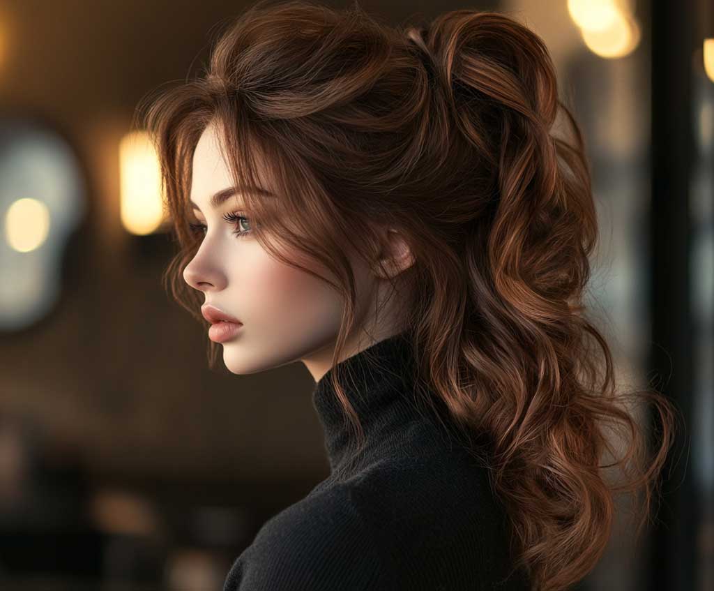 A sophisticated woman with chestnut brown hair styled into a textured high ponytail. Soft curls flow elegantly, while natural highlights catch the light. The background reflects a cozy yet luxurious ambiance.