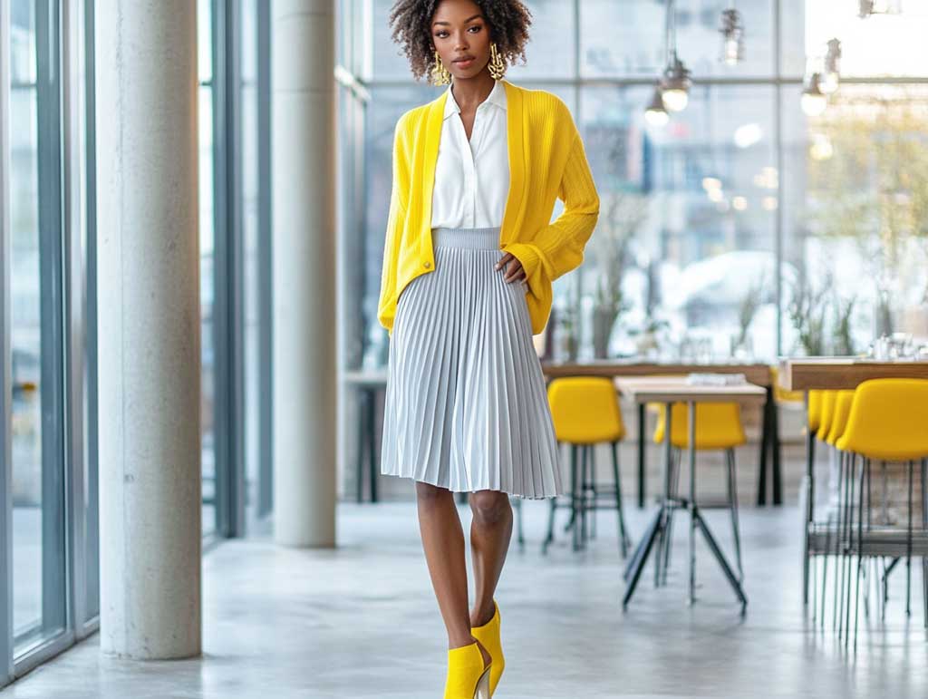 Chic Jumper Outfit Ideas with Yellow Cardigans and Gray Midi Skirts - 6