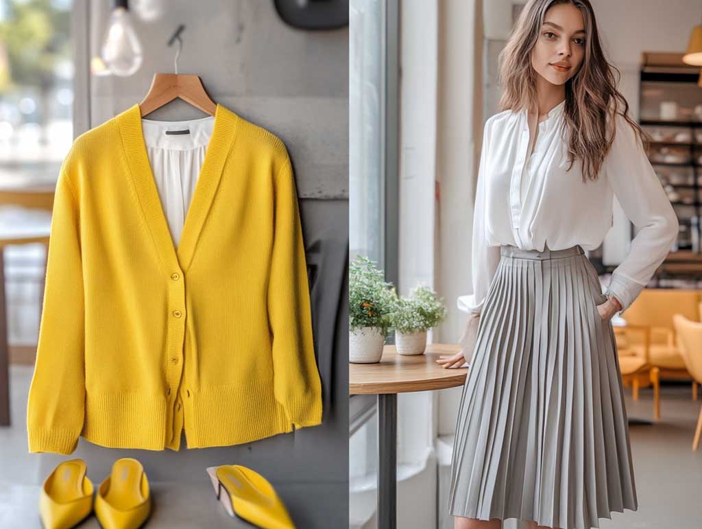 Chic Jumper Outfit Ideas with Yellow Cardigans and Gray Midi Skirts - 5