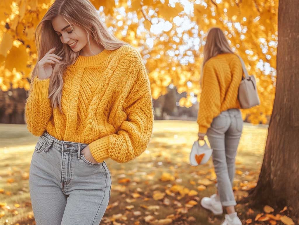 Relaxed Jumper Outfit Ideas with Yellow Knit Tops and Gray Denim - 6