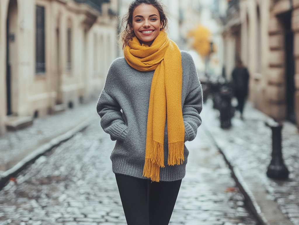 Layered Jumper Outfit Ideas with Gray Sweaters and Yellow Scarves - 5