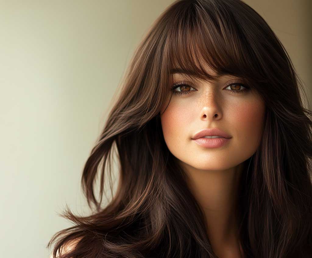 Portrait of a confident woman with rich brunette long layered hair with bangs, styled in sleek, glossy layers cascading over her shoulders. The hair has a deep chocolate brown tone with subtle caramel highlights. The setting is softly lit, creating a warm ambiance. Her face is framed perfectly by the bangs, radiating elegance and charm.
