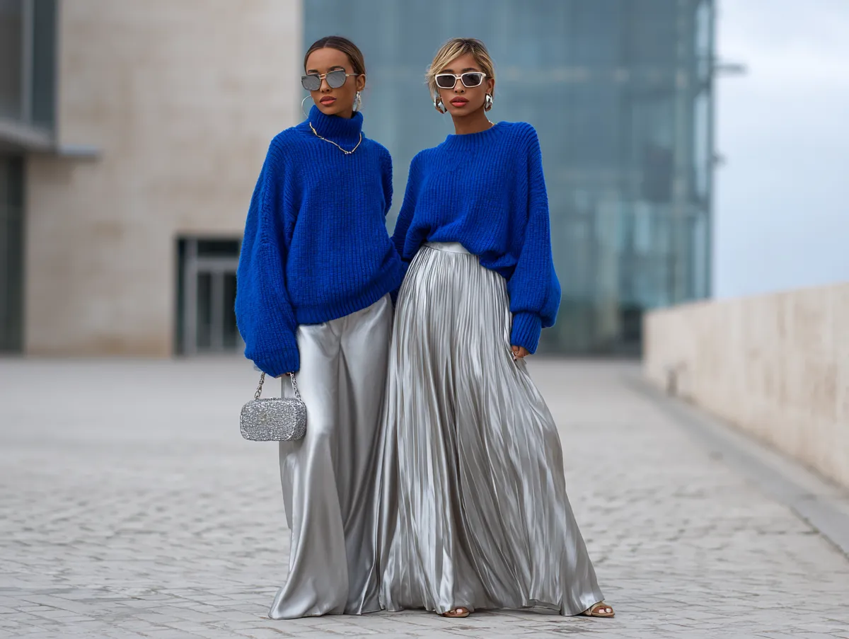 electric blue sweater over silver maxi skirt