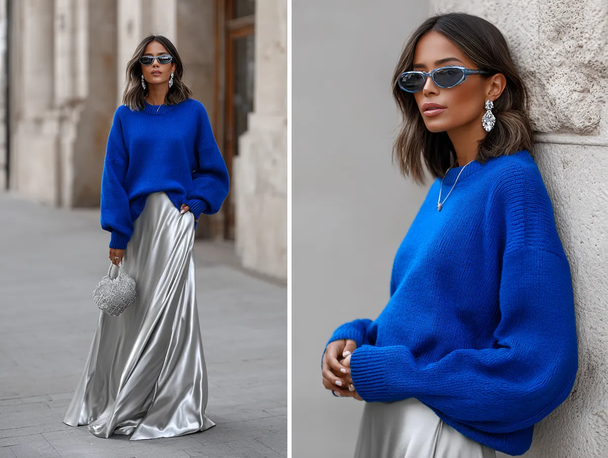 matte silver skirt electric blue chunky knit