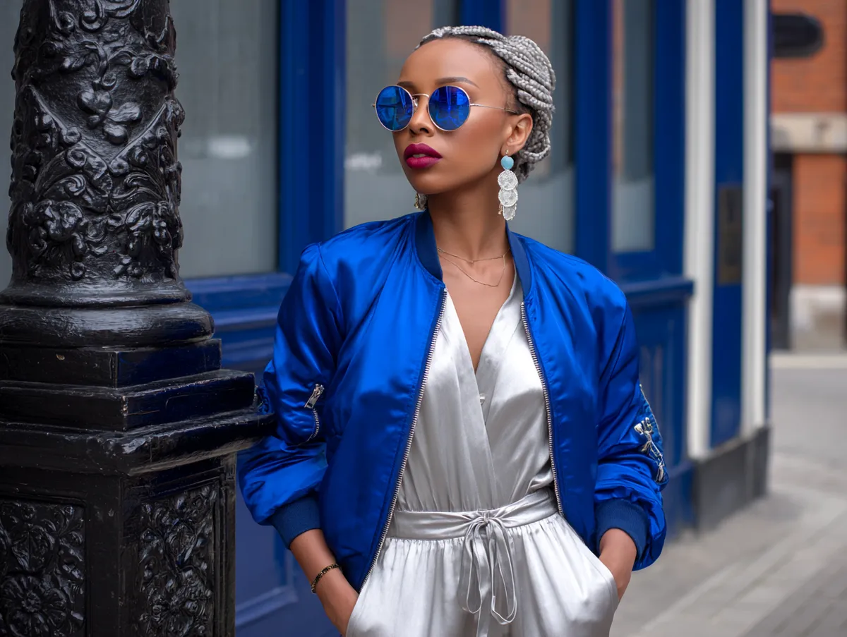 electric blue bomber jacket silver utility jumpsuit