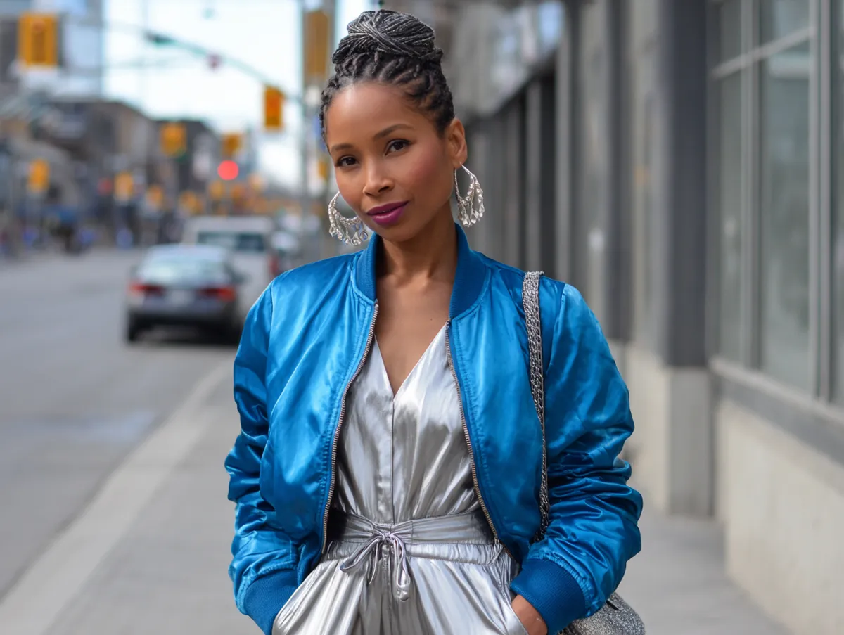 matte silver jumpsuit with electric blue jacket