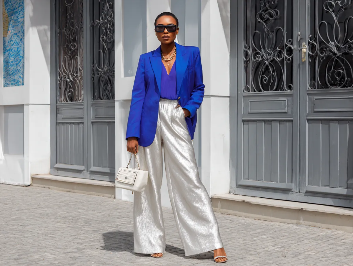 silver trousers electric blue blazer look