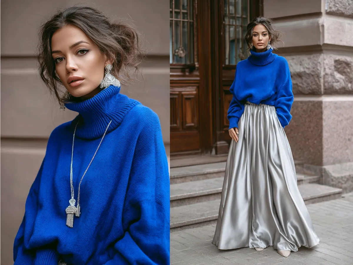 electric blue top and metallic silver skirt