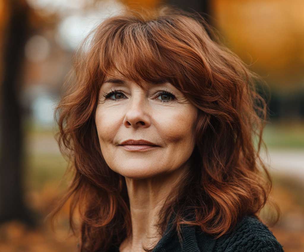A confident older woman with rich chestnut brown medium shaggy hair, styled with textured layers and side bangs. She stands outdoors, surrounded by autumn leaves, her hair glowing with depth and shine.