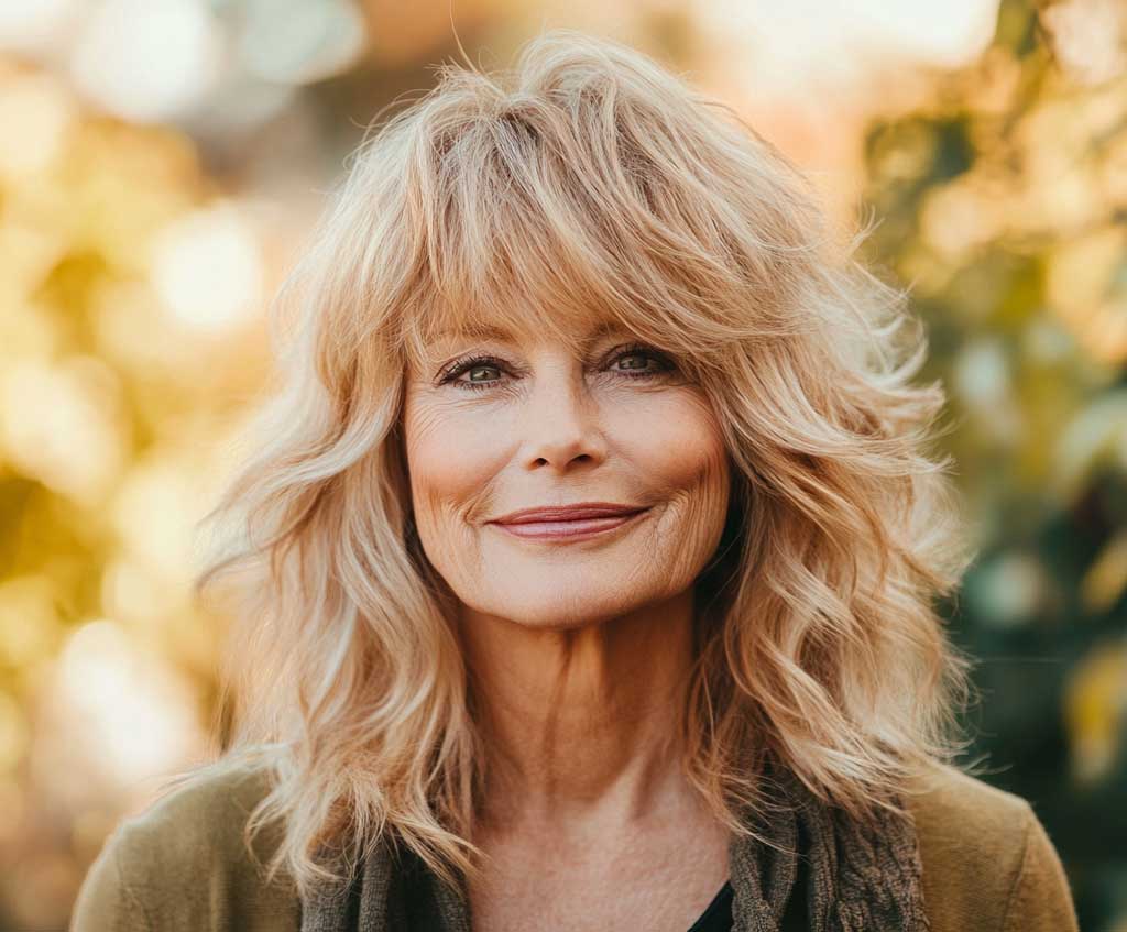 A radiant, confident older woman with warm honey blonde medium shaggy hair, styled with soft layers and feathered bangs, set against a sunlit garden background. Her face is elegantly framed by tousled waves, and her smile conveys warmth and confidence.