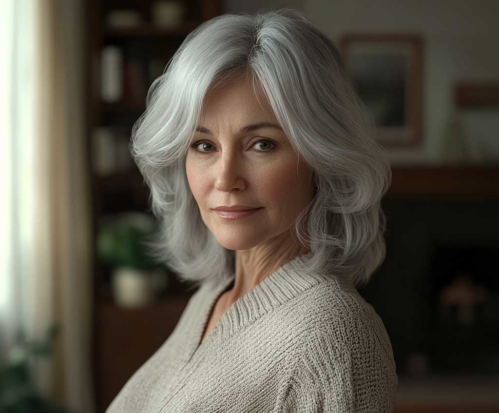A poised older woman with soft ash gray medium shaggy hair, styled in delicate layers and curtain bangs. She stands in a cozy, softly lit interior, exuding confidence and grace. Her hair flows with natural volume, framing her face beautifully.