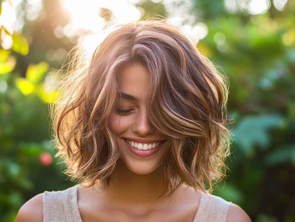 A cheerful woman with a shoulder-length haircut featuring textured layers, soft highlights, and tousled ends. The background is an outdoor garden with vibrant greenery and warm sunlight.