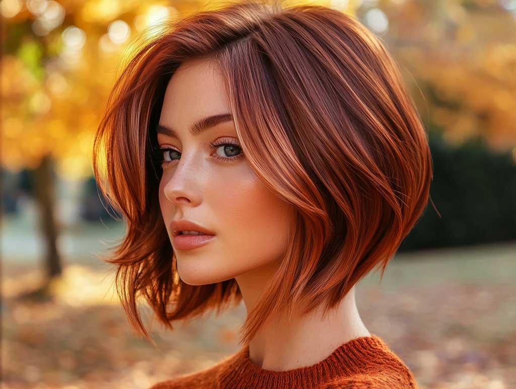 A vibrant woman with a sleek, layered medium short haircut featuring rich auburn streaks, styled with a side part and soft waves. The background is an autumn park with golden leaves and natural sunlight.