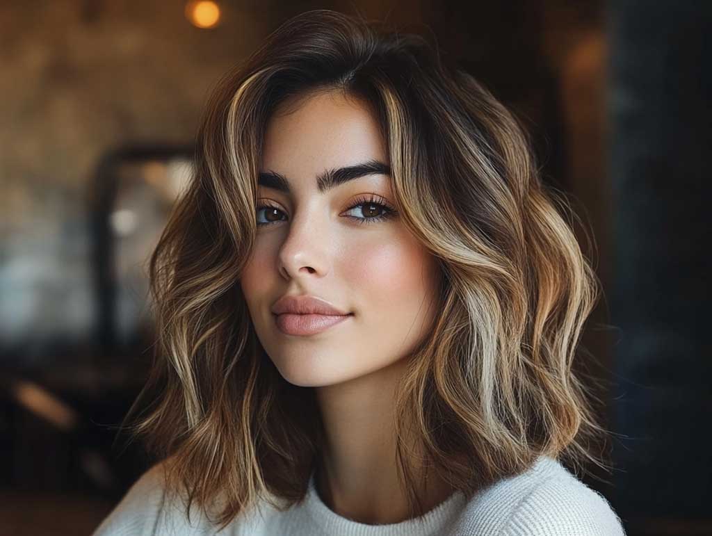 A stylish woman with a shoulder-length wavy lob haircut, featuring subtle ombre tones and a side-swept fringe. The setting is a cozy indoor café with soft ambient lighting.