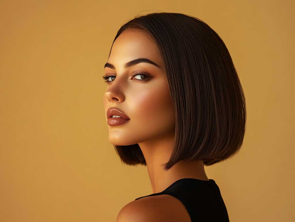 A confident woman with a sleek, chin-length bob haircut, sharp and glossy, styled for a modern, professional look. The setting is a minimalist studio with natural light enhancing the shine of the hair.