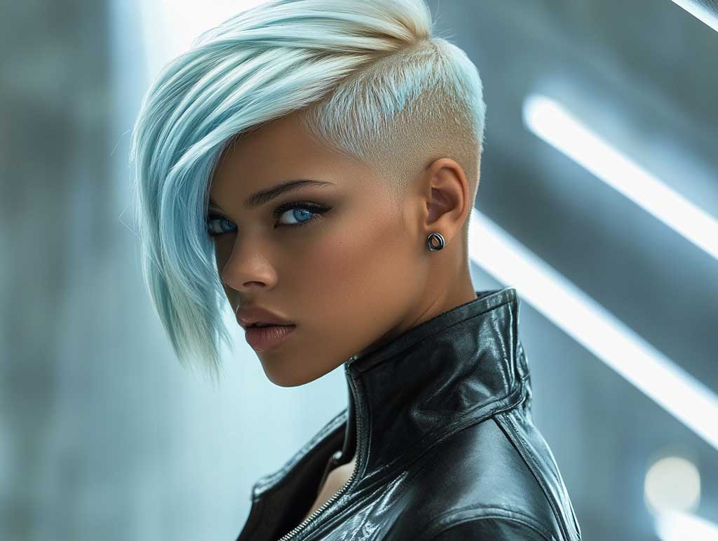 A trendy woman with a sleek, asymmetrical medium short haircut featuring icy blue tips, styled with sharp edges and a bold undercut. The setting is a futuristic, minimalistic studio with cool-toned lighting.