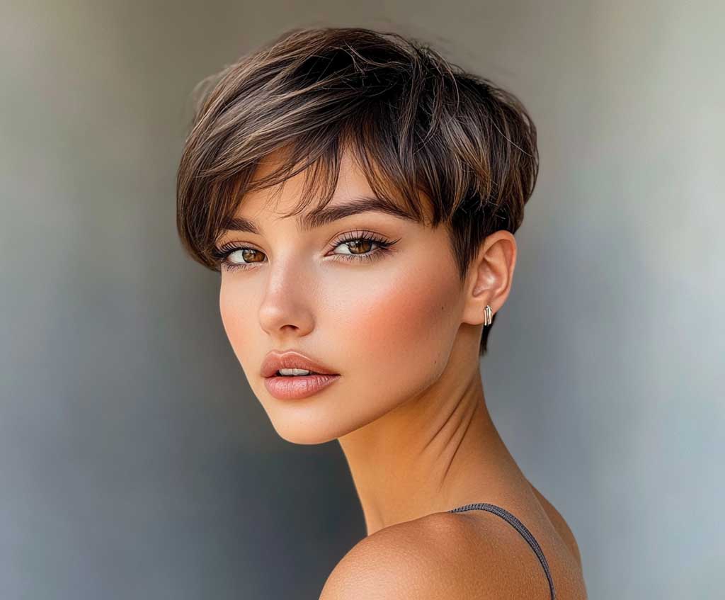 A sophisticated woman with an ash brown pixie cut with bangs, styled sleekly to showcase subtle highlights. The neutral background complements the cool tones of the hair. Her face is illuminated by soft lighting, with a confident expression and minimal makeup accentuating her natural beauty.