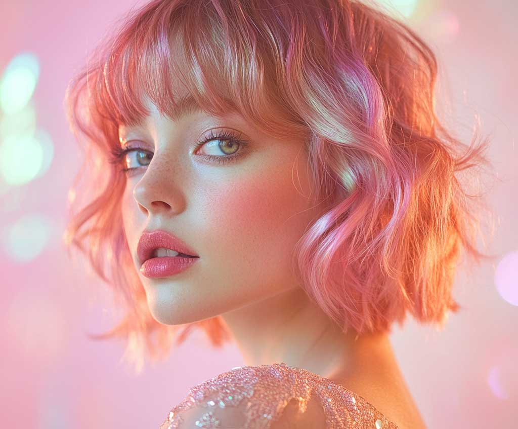 A vibrant woman with a rose gold pixie cut with bangs, styled with soft waves for a romantic look. The hair reflects warm, iridescent hues under natural light. Her face is delicately framed by the bangs, with a blurred pastel background enhancing the whimsical tones of the hairstyle. She wears light makeup and a flowy outfit.
