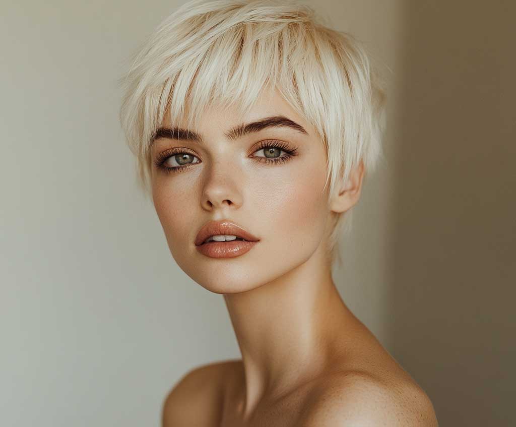 A close-up portrait of a confident woman with a platinum blonde pixie cut with bangs, styled in a slightly tousled finish. The face is softly illuminated, showcasing sharp facial features and an airy, modern vibe. The background is minimalistic and neutral, enhancing the hairstyle's striking color and texture. The woman wears subtle makeup and a chic outfit.