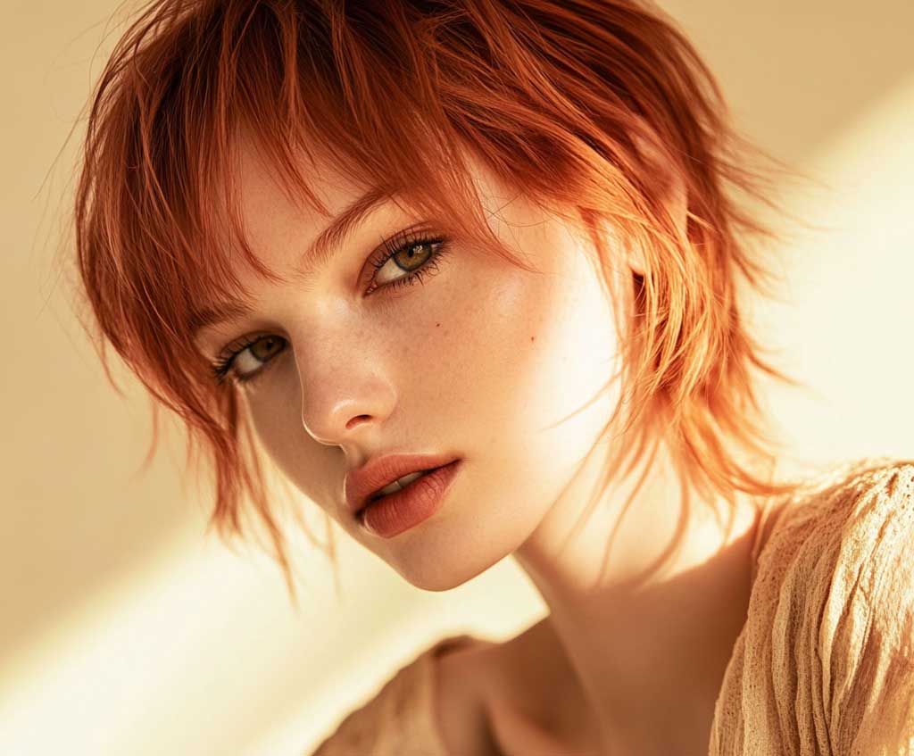 A fiery-haired woman with a copper red pixie cut with bangs, styled in a slightly messy yet intentional finish. The sunlight catches the vibrant hues of her hair, creating a warm glow. The background is earthy and neutral, emphasizing the richness of the copper tones. She wears minimal makeup and a bohemian outfit.