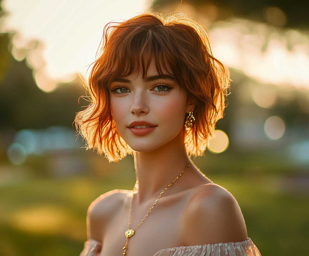 A warm close-up portrait of a woman with honey copper hair styled in a short shag haircut. The sunlit layers create volume and texture, with soft caramel undertones glowing in the ambient lighting. She’s wearing a flowy champagne dress and golden jewelry, standing in an outdoor garden venue at sunset.