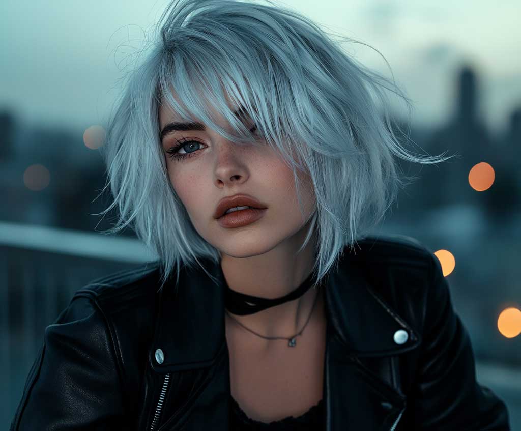 A striking close-up portrait of a woman with cool silver hair styled in a short shag haircut. The layers are sharp and defined, with icy highlights adding dimension. She’s wearing bold eyeliner, a sleek black leather jacket, and sits under soft city lights on a rooftop bar.