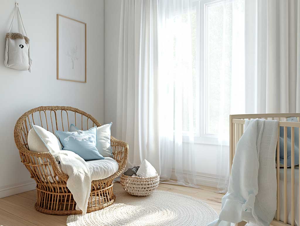 Bright children's room with white interior design, featuring cotton bedding with soft textures, a cozy rattan armchair with a plush cushion, blue accent pillows and decor, light wooden flooring, white walls, large windows with sheer curtains, playful yet minimalist aesthetic, ultra-HD detail.