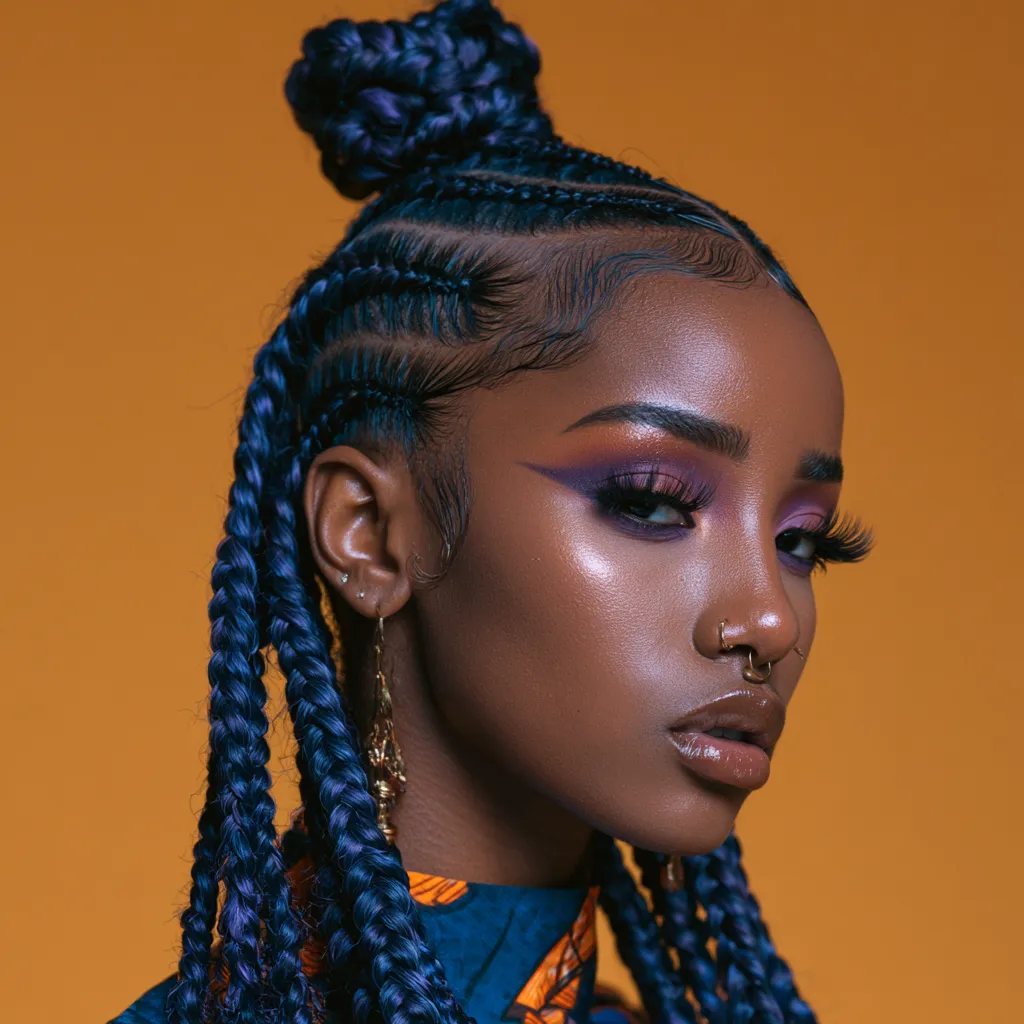 electric blue African box braids nightclub hairstyle with triangle sections and gold cuffs