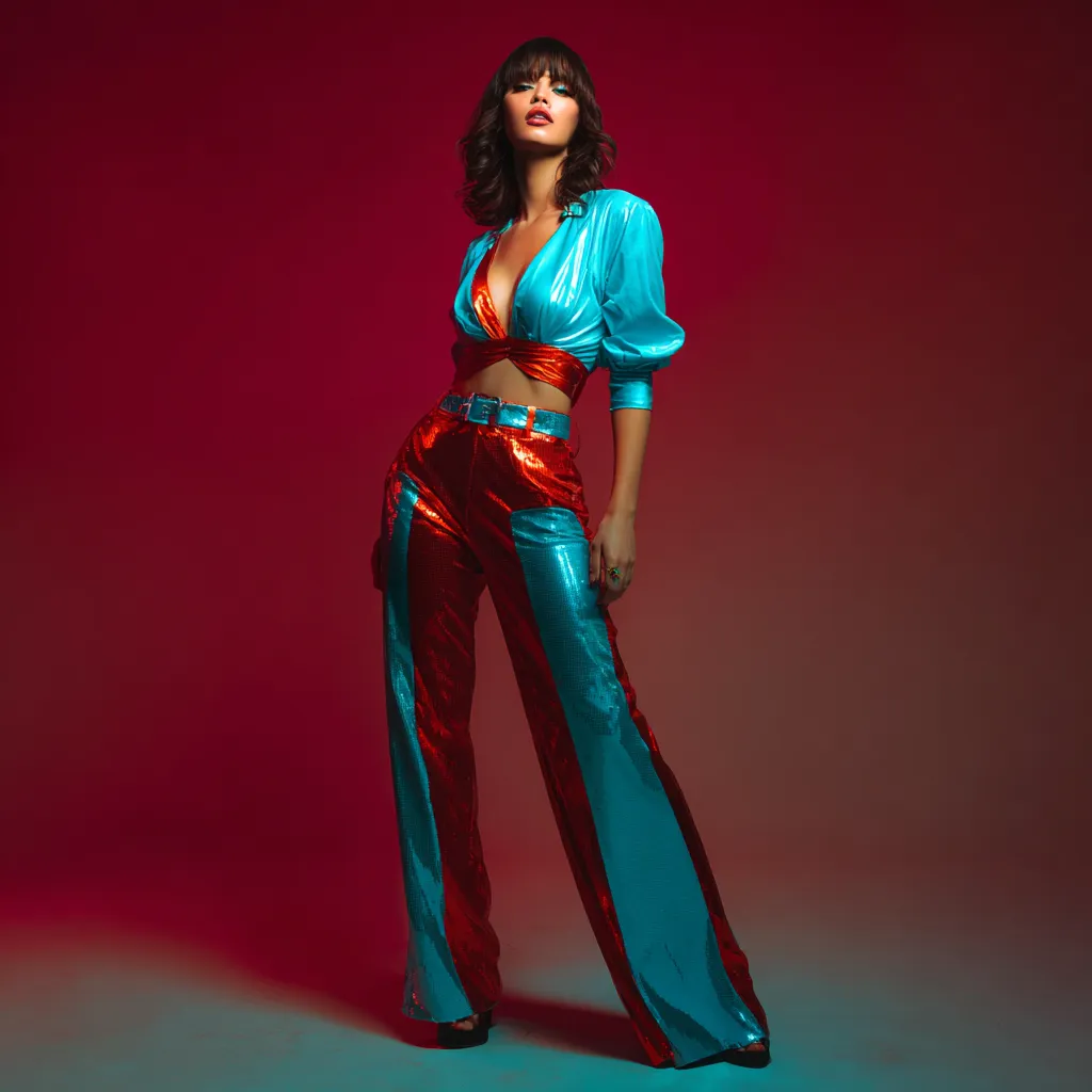 retro style disco party outfit with bold colors