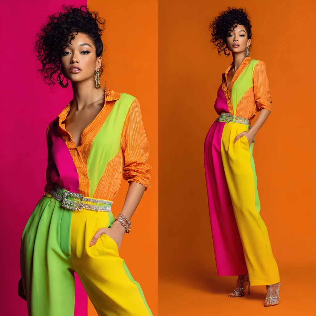 bold color blocking disco outfit idea