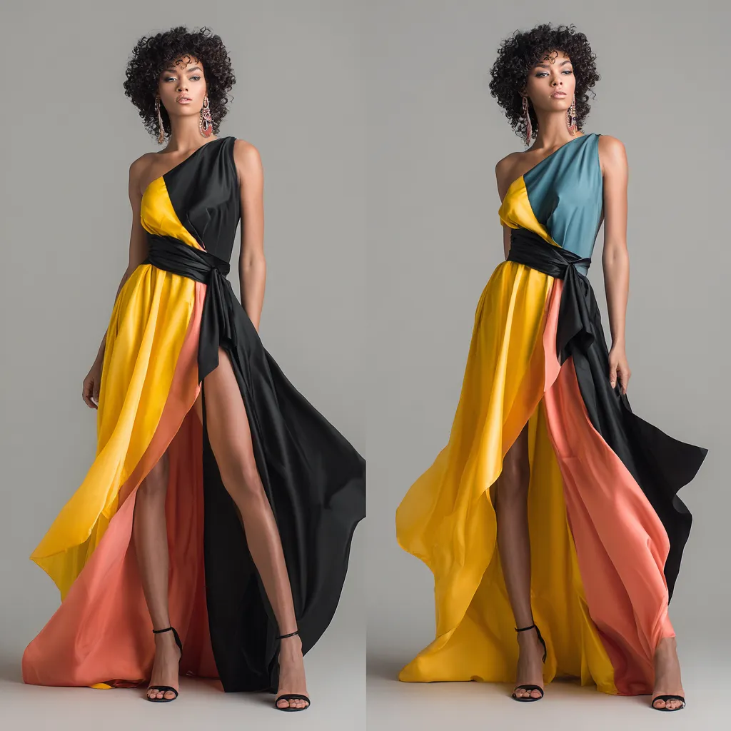asymmetrical color blocked maxi dress disco outfit