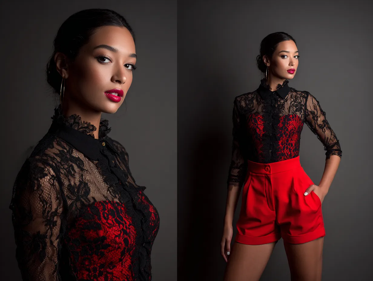 Black lace top with red tailored shorts