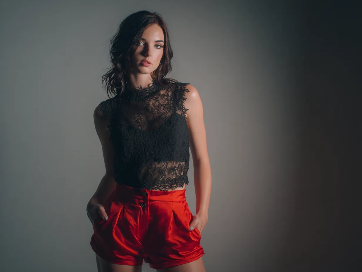 Black lace top with red tailored shorts