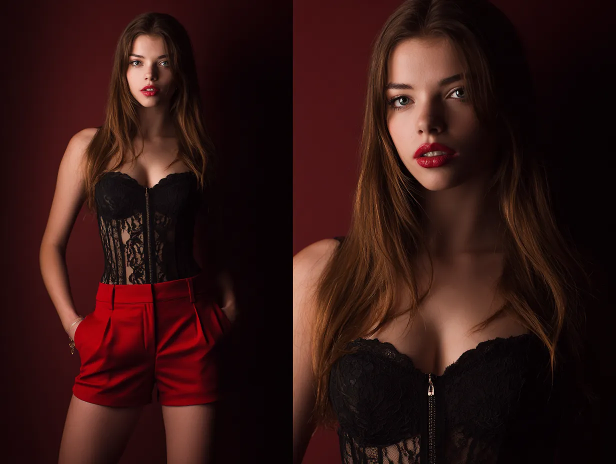Black lace top with red tailored shorts