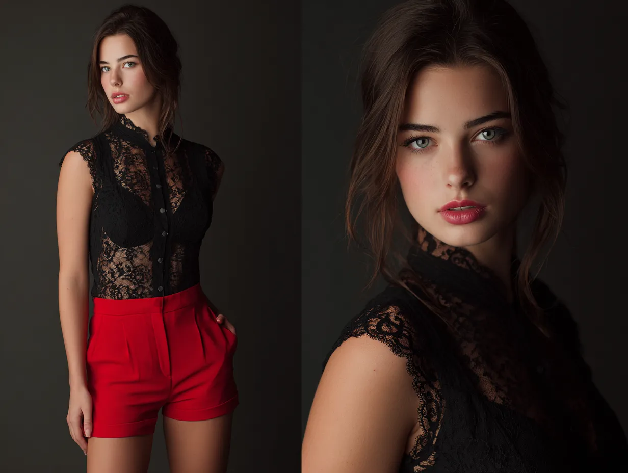 Black lace top with red tailored shorts