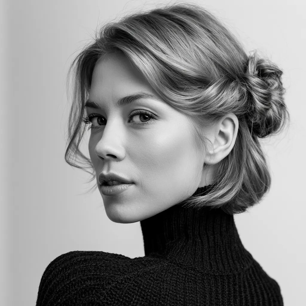 half up short hair twist with chandelier earrings formal look