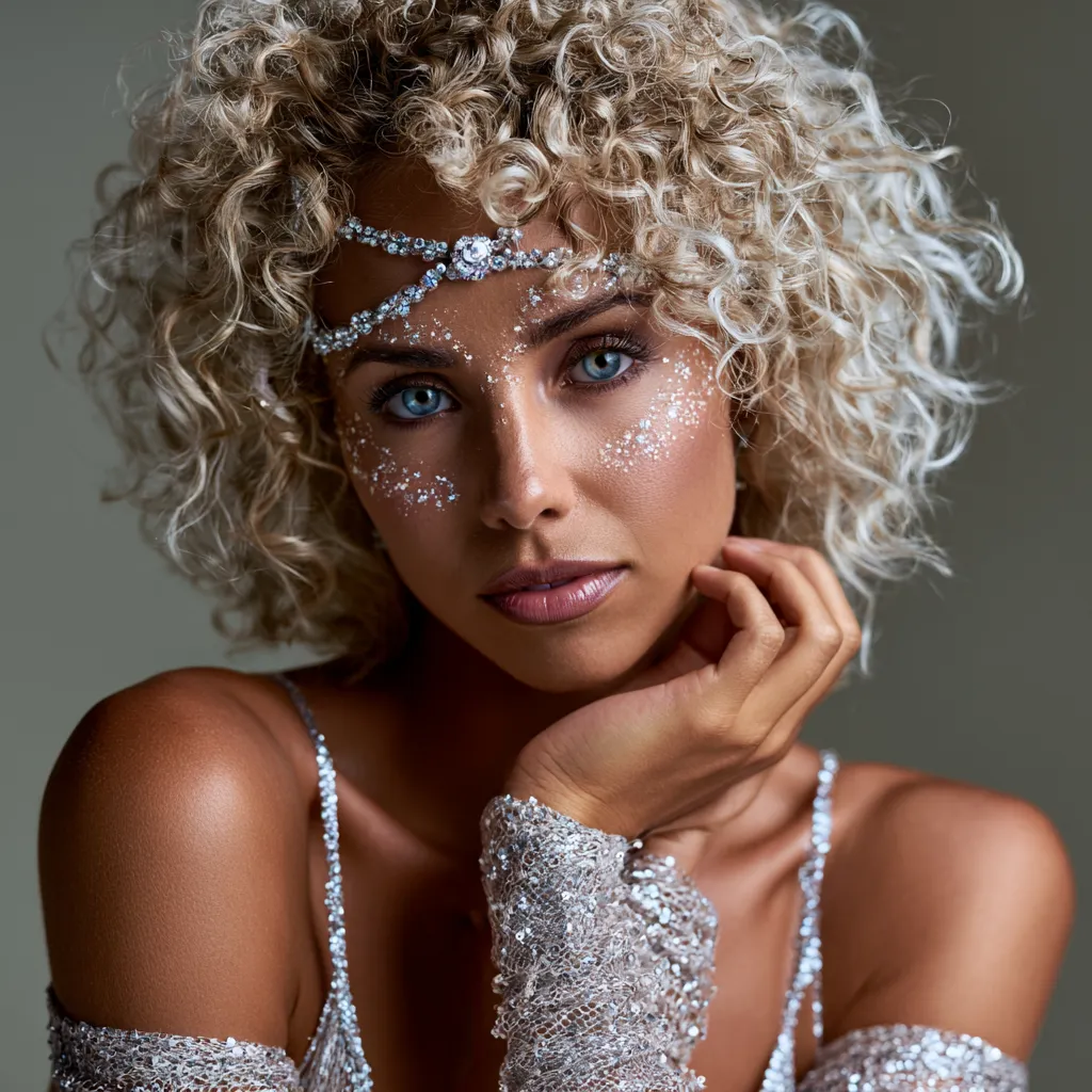 tousled short hair curls with pearl encrusted pins festive