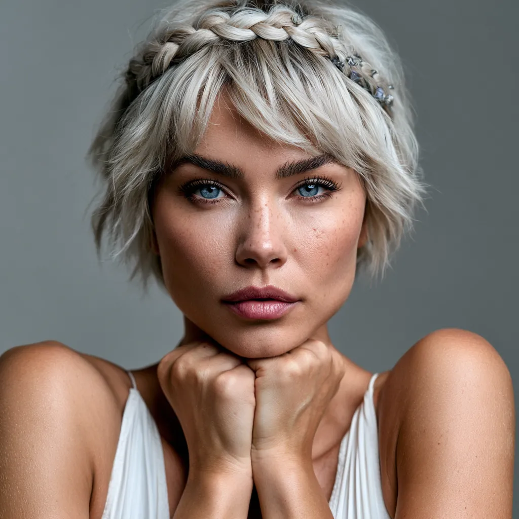 short hair crown braid with pearl pins wedding guest style