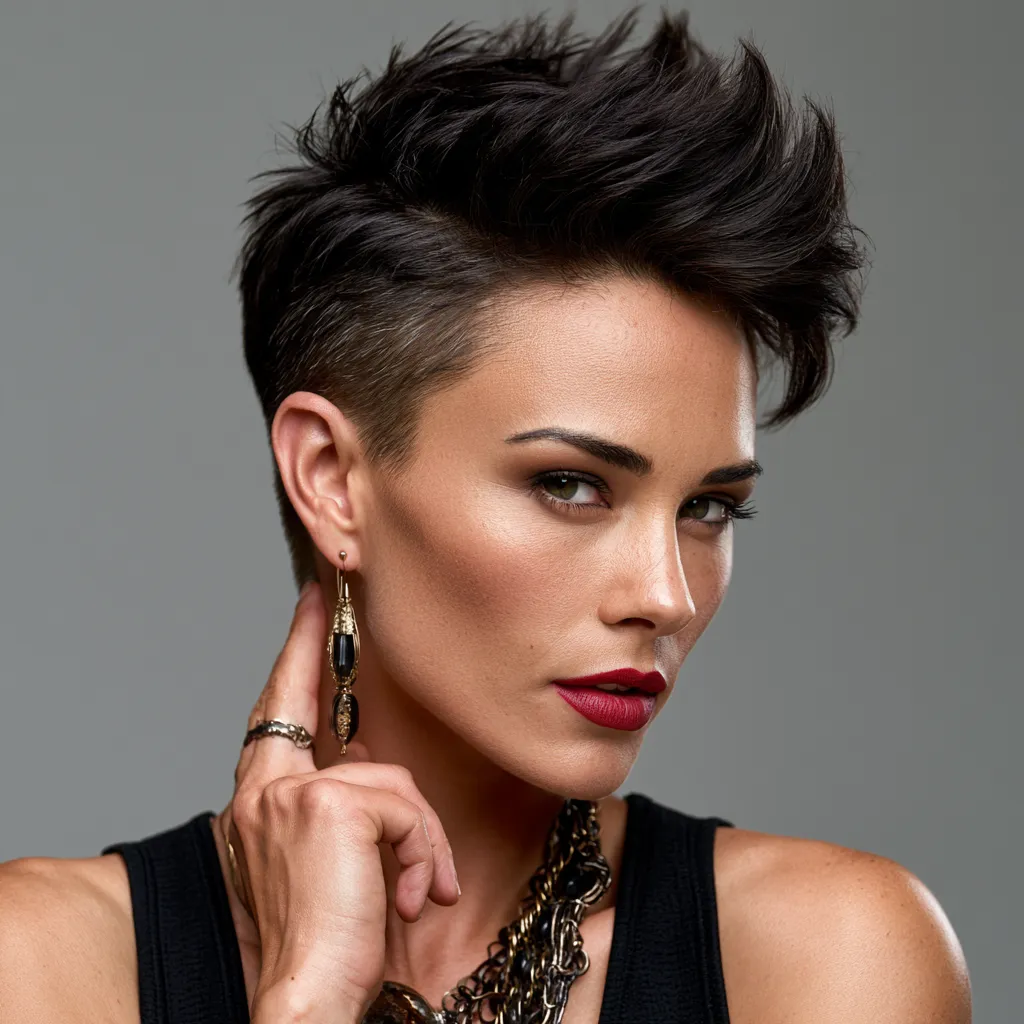 edgy short faux hawk layered texture metallic dress outfit