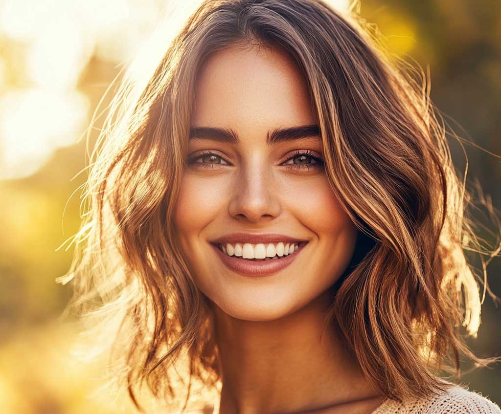 A cheerful woman with a round face and thin hair styled in a shoulder-length, layered haircut featuring sun-kissed caramel balayage. The style has soft waves and a middle part, creating a relaxed yet polished appearance under warm golden light.