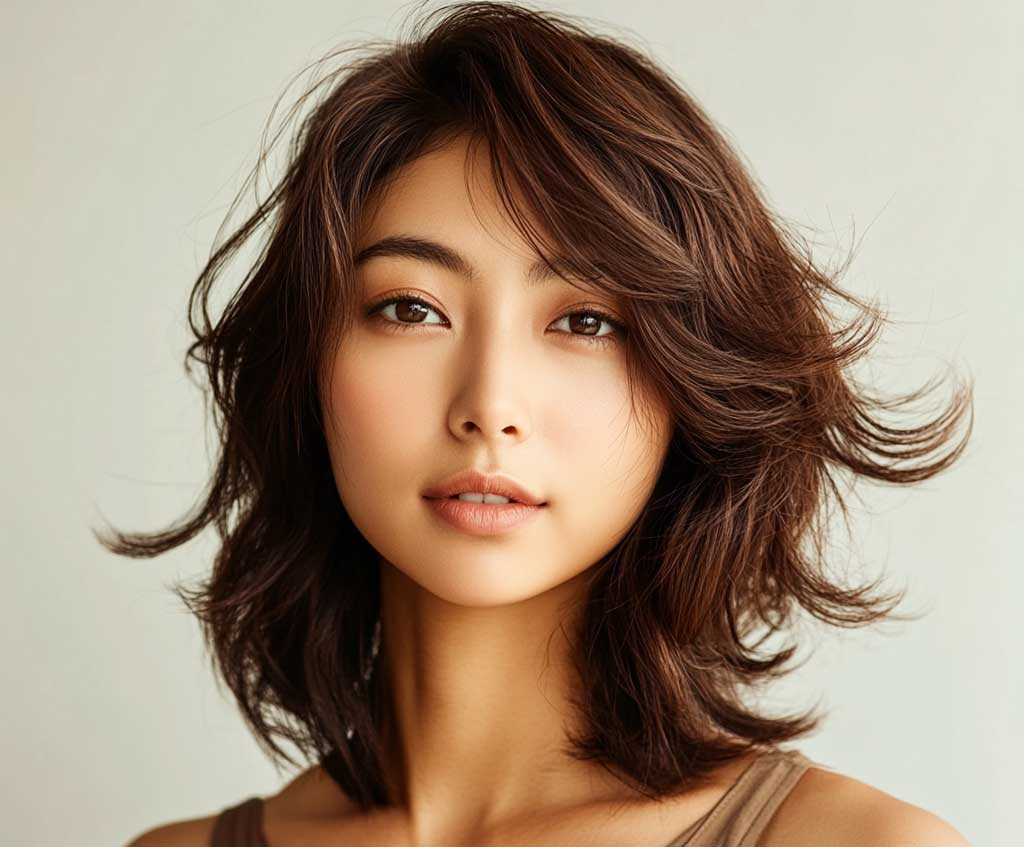 A confident woman with a round face and thin hair styled in a collarbone-length layered cut, colored in rich chocolate brown. The style has soft face-framing layers and side-swept bangs, with natural light reflecting off the glossy brown tones.