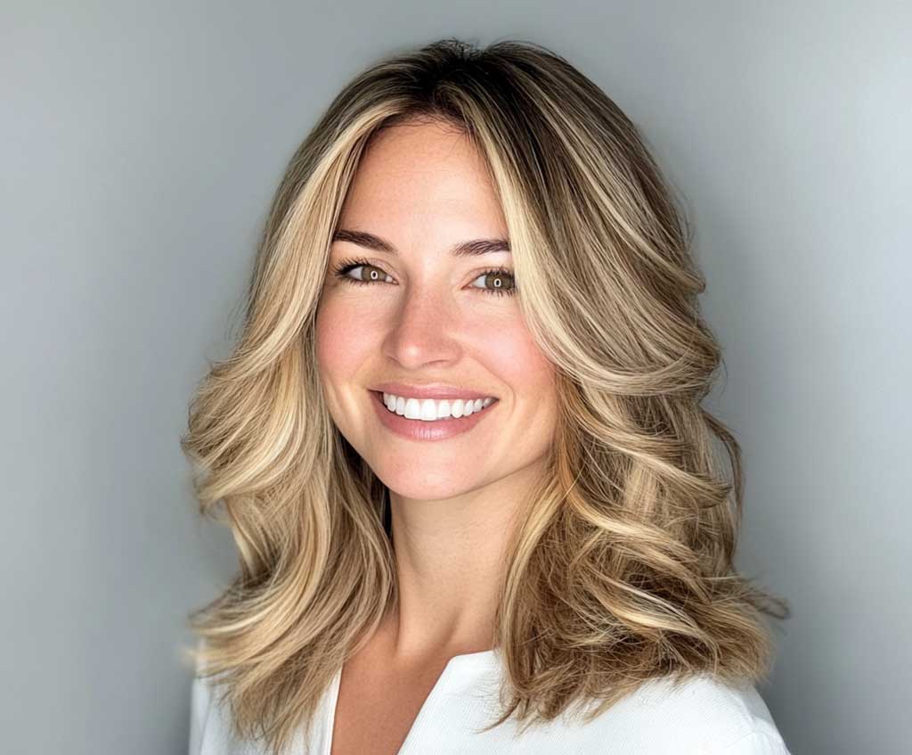 A smiling woman with a round face and thin hair styled in a shoulder-length layered haircut with ash blonde highlights. The hairstyle adds volume around the crown and soft framing layers along her cheeks. The lighting is soft and natural, capturing the shine and dimension of the highlights.