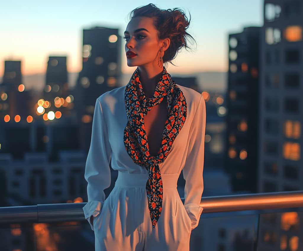A fashionable woman standing on a rooftop bar, wearing a chic monochrome jumpsuit accented with a bold, vibrant patterned scarf tied elegantly around her neck. City skyline in the background, soft lighting, focus on the scarf’s details and texture.