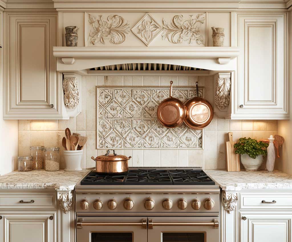 French country kitchen with natural stone countertops, intricate tile backsplash in soft pastel tones, cream-colored cabinets with ornate moldings, and vintage-style copper pots hanging above the stove. Soft, diffused lighting adds warmth. Photorealistic, high detail, classic ambiance.