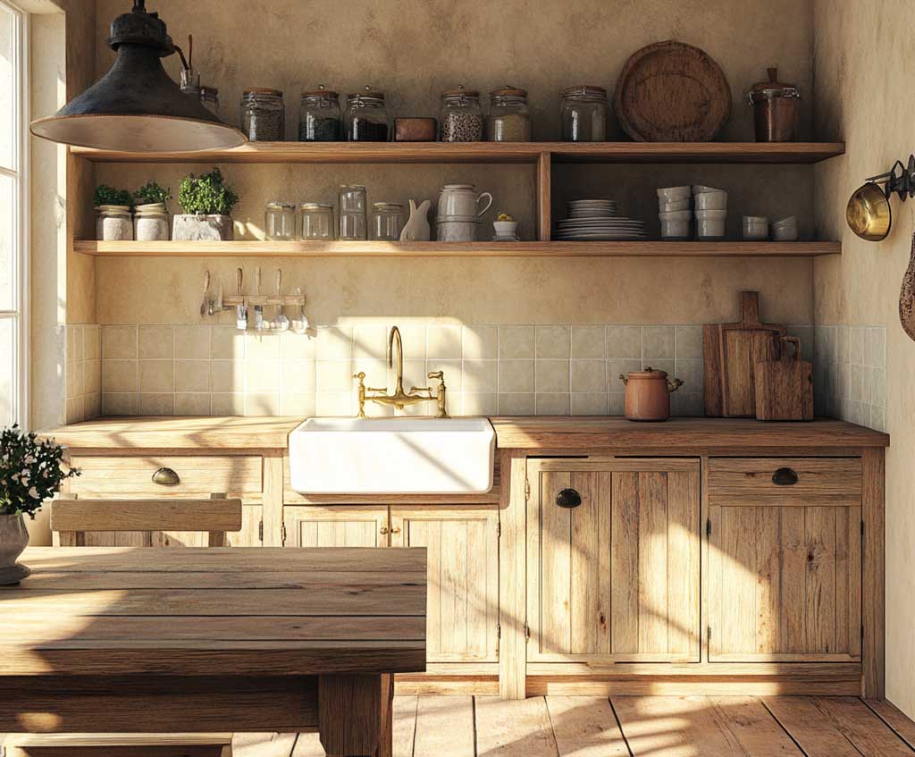 French country kitchen with distressed wooden cabinets, vintage brass handles, white ceramic farmhouse sink, rustic wooden dining table, and soft beige tones. Open shelves display antique dishware and glass jars. Warm, natural lighting creates an inviting atmosphere. Photorealistic, high detail, cozy ambiance.