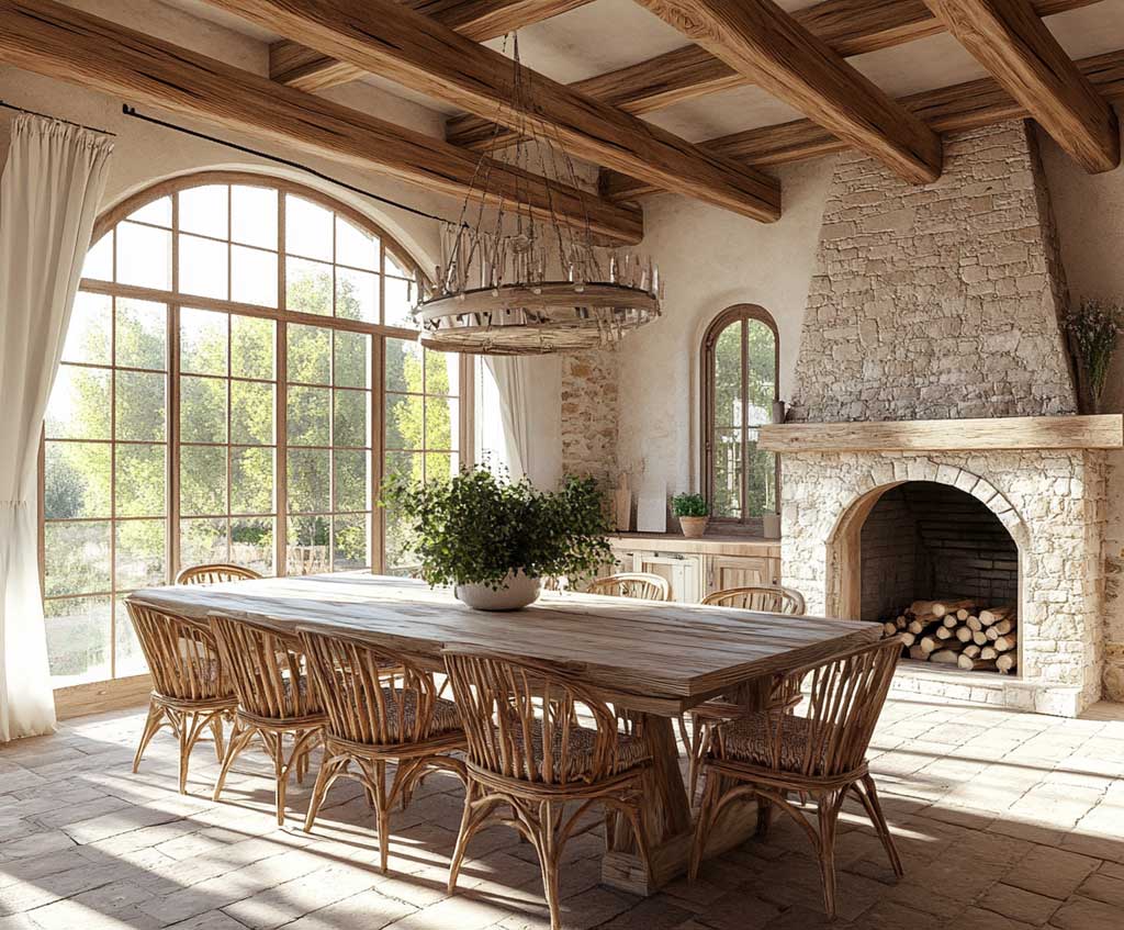 French country kitchen with exposed wooden beams on the ceiling, a rustic wooden dining table, wicker chairs, soft linen curtains, and large arched windows. A stone fireplace adds warmth and coziness. Photorealistic, high detail, serene atmosphere.