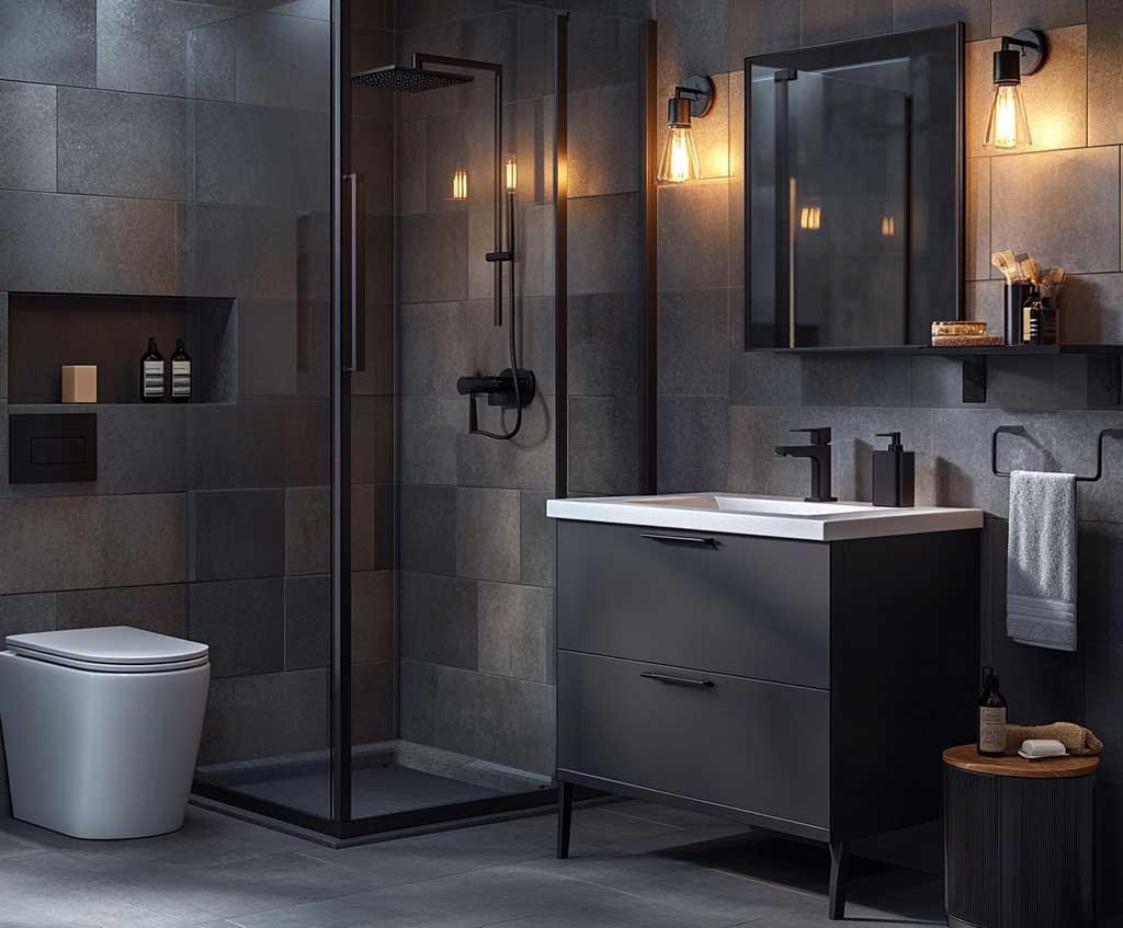A modern industrial master bathroom featuring matte black fixtures, including faucets, showerheads, and cabinet handles. The space boasts dark gray tiles, a floating vanity with a white countertop, and metal-framed glass partitions. Warm pendant lighting adds balance to the bold aesthetic.